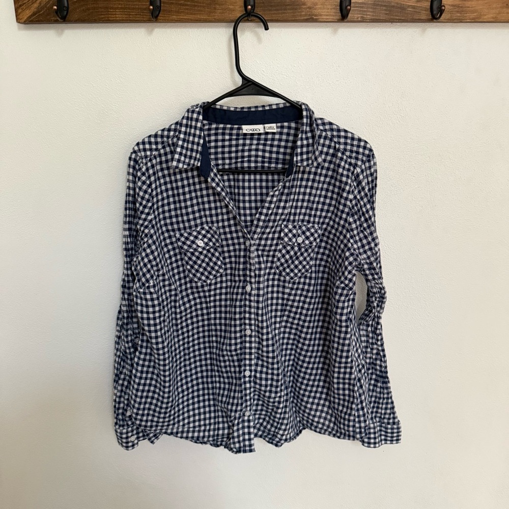Cato Navy and White Gingham Plaid Button Down Shirt